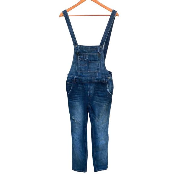 Free People Denim Overalls Sz 27 Blue Distressed Open Back Casual Boho Utility - Picture 3 of 16